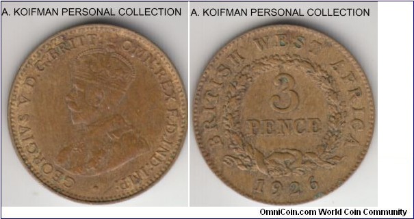 KM-10b, 1926 British West Africa 3 pence, Royal mint (no mint mark); tin-brass, plain edge; good very fine or better, scarcer type and year.