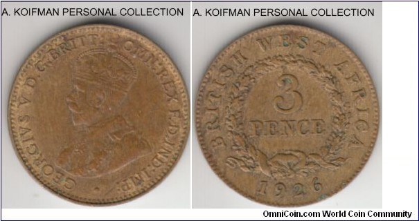KM-10b, 1926 British West Africa 3 pence, Royal mint (no mint mark); tin-brass, plain edge; good very fine or better, scarcer type and year.