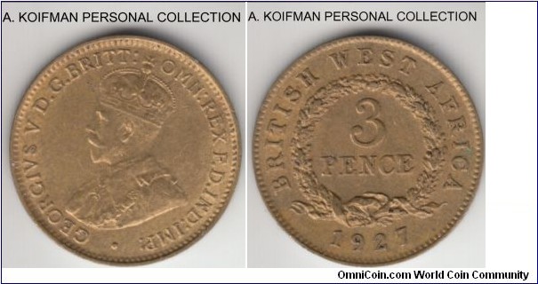 KM-10b, 1927 British West Africa 3 pence, Royal mint (no mint mark); tin-brass, plain edge; good extra fine to about uncirculated, smallest and scarcest yeear of the type.