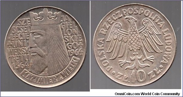 10Zl 600th Anniversary of Jagiello University Stylised Head of King Casimir III, the Great 1310–1370, Reigned 1333–1370
Stylised Polish Eagle
