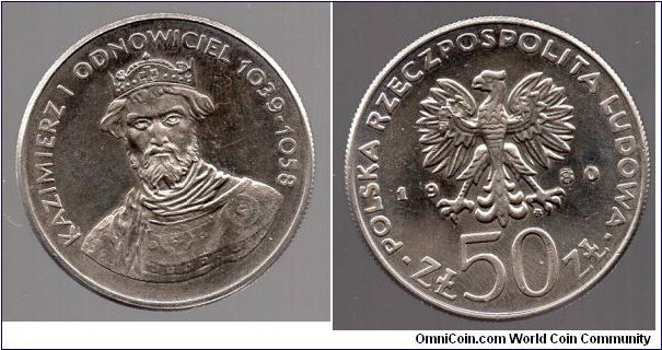 50Zl Polish Rulers Series Casimir I the Restorer 1016-1058 Reigned as Duke 1040-1058.  He known as the Restorer because he managed to reunite all parts of the Polish Kingdom after a period of turmoil. He reinstated Masovia, Silesia and Pomerania into his realm. However, he failed to crown himself King of Poland, mainly because of internal and external threats to his rule.
Polish Eagle