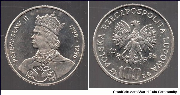 100Zl Polish Rulers Series King Przemysl II 1257-1296. High Duke of Poland 1290–1291. Duke of Greater Poland 1279–1296. King of poland 1295–1296.  After a long period of Polish High Dukes and two nominal kings, he was the first to obtain the hereditary title of King, and thus to return Poland to the rank of Kingdom.
Polish Eagle