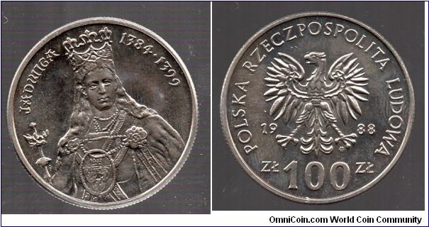 100Zl Polish Rulers Series Queen Jadwiga Born between 3 October 1373 & 18 Feb 1374 Died 17 July 1399 aged 25. Reigned as the 1st Queen of Poland 16 Oct 1384- 17 July 1399.  Jadwiga was crowned king in Kraków on 16 October 1384. Her title either reflected the Polish lords' attempt to hinder her future husband from adopting the same title without further act or only emphasized that she was a queen regnant. With her mother's consent.   She was the youngest daughter of Louis the Great, King of Hungary and Poland, and his wife, Elizabeth of Bosnia. Jadwiga was a member of the Capetian House of Anjou, but she was even more closely related to the native Piast dynasty of Poland through her ancestors. She was canonized in 1997.