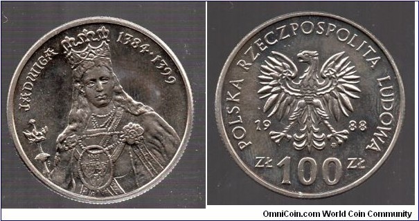 100Zl Polish Rulers Series Queen Jadwiga Born between 3 October 1373 & 18 Feb 1374 Died 17 July 1399 aged 25. Reigned as the 1st Queen of Poland 16 Oct 1384- 17 July 1399.  Jadwiga was crowned king in Kraków on 16 October 1384. Her title either reflected the Polish lords' attempt to hinder her future husband from adopting the same title without further act or only emphasized that she was a queen regnant. With her mother's consent.   She was the youngest daughter of Louis the Great, King of Hungary and Poland, and his wife, Elizabeth of Bosnia. Jadwiga was a member of the Capetian House of Anjou, but she was even more closely related to the native Piast dynasty of Poland through her ancestors. She was canonized in 1997.