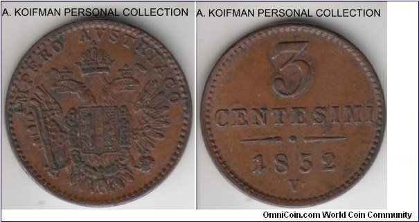 C#30.2, 1852 Italian State Vombardy - Venetia 3 centesimi, Venice mint (V mint mark); copper, plain edge; under Austrian imperial rule, good very fine, maybe better.