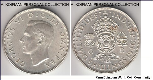 KM-855, 1946 Great Britain florin (2 shillings); silver, reeded edge; about uncirculated, nice luster.