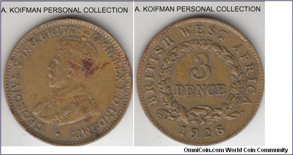 KM-10b, 1928 British West Africa 3 pence, Royal mint (no mint mark); tin-brass, plain edge; very fine but stain on obverse, another one of the scarcer mintage years.