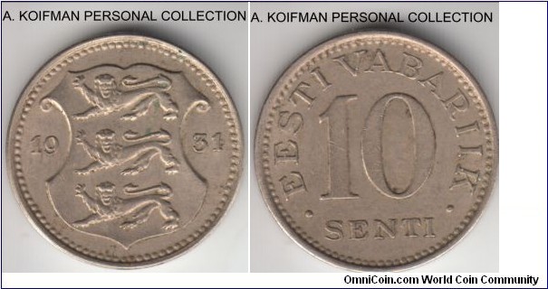 KM-12, 1931 Estonia (First Republic) 10 senti; nickel-bronze, plain edge; very fine or so, original dirty not cleaned.
