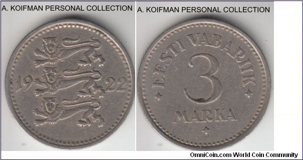 KM-2, 1922 Estonia (First Republic) 3 marka; copper-nickel, plain edge; fine to very fine, one year type.