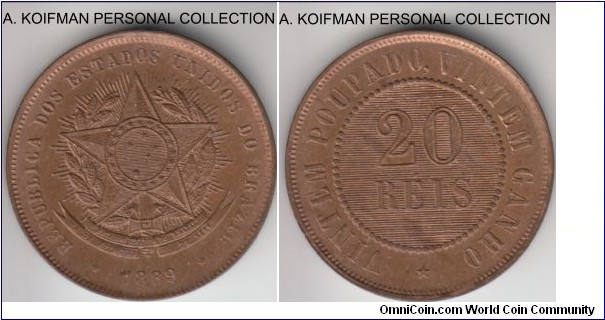 KM-490, 1889 Brazil (Republic) 20 reis; bronze, plain edge; red-brown very nice uncirculated, some of the fields are reflective.