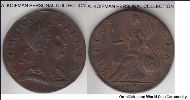 KM-601, 1773 Great Britain half penny; copper, plain edge; high grade, no dentacles shown, 9 gramm.