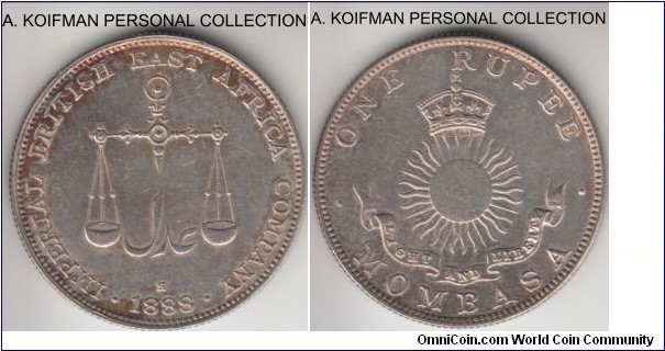 KM-5, 1888 Mombasa rupee, Heaton mint (H mint mark); silver, reeded edge; good extra fine, but possibly cleaned in the past and retoning with the nice golden tone, scarce with the mintage of just 94,000.