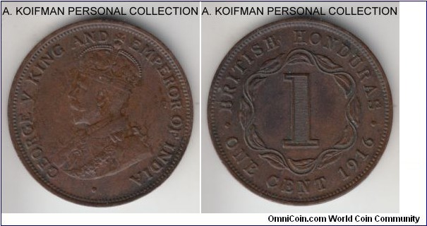 KM-19, 1916 British Honduras cent, Heaton mint (H mint mark); bronze, plain edge; second year of the small cent mintage, the only one minted at Heaton, extra fine details, looks to have been lacquired at least on obverse and later washed off.