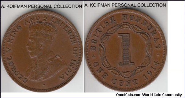 KM-19, 1914 British Honduras cent; bronze, plain edge; about extra fine, first year of the small cent mintage.