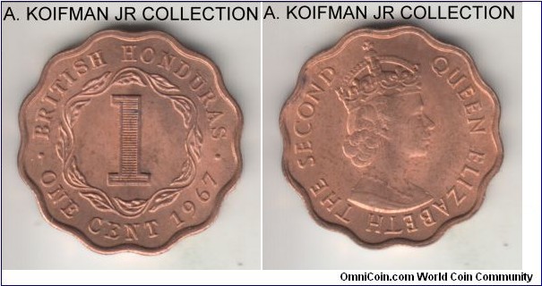 KM-30, 1967 British Honduras cent; bronze, scalloped flan, plain edge; Elizabeth II, mostly red uncirculated.