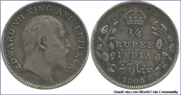 India-British ¼ Rupee 1905 (2.92 g / .917 Ag)
