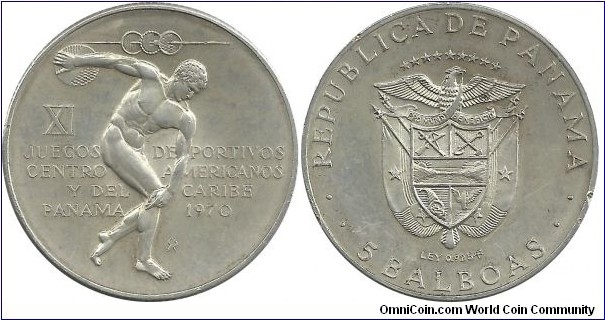 Panama 5 Balboas 1970 (35.70 g / .925 Ag)
