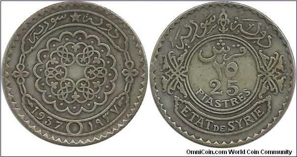 Syria-French 25 Piastres 1937 (5.00 g / .680 Ag)