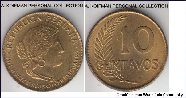 KM-214a.4, 1944 Peru 10 centavos; brass, reeded edge; uncirculated, almost completely reddish (remember it is brass? so no real red), scarcer Lima minted variety with QUARENTIQUARTO in the date.