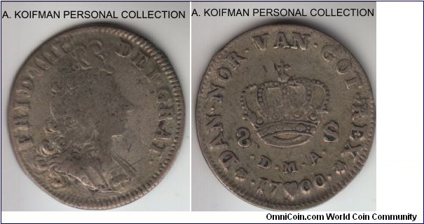 KM-470, 1700 Denmark 8 skilling; silver, plain edge; first year of the type FRID IIII in obverse legend as opposed to a later IV inscription, good fine or maybe slightly better, naturally toned.