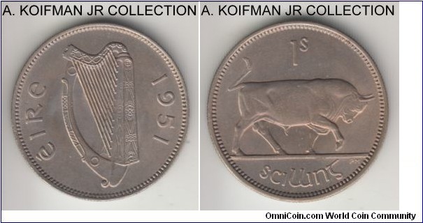 KM-14a, 1951 Ireland shilling; copper-nickel, reeded edge; sharp uncirculated, a bit of a bluish toning.