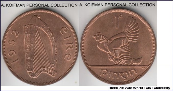 KM-11, 1952 Ireland penny; bronze, plain edge; red bright uncirculated, nice if common coin.