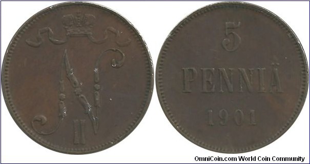 Finland-Grand Duchy 5 Penniä 1901
