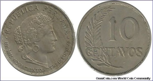 Peru 10 Centavos 1939 (words)