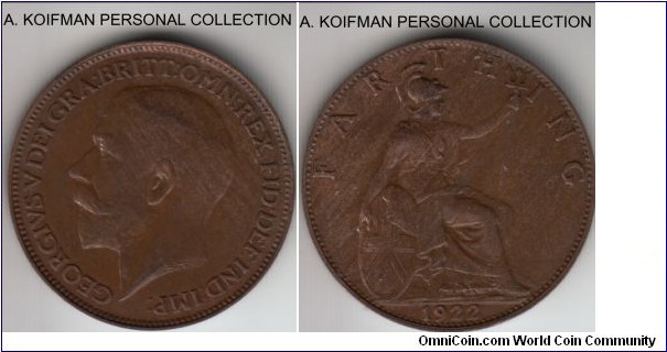 KM-808.2, 1922 Great Britain farthing; bronze, plain edge; brown about uncirculated.