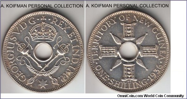 KM-5, 1936 New Guinea shilling; silver, reeded edge; good extra fine or better.
