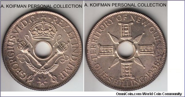 KM-8, 1938 New Guinea shilling; silver, reeded edge; average uncirculated, toned.