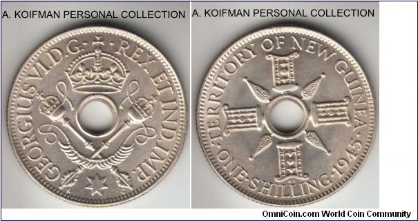 KM-8, 1945 New Guinea shilling; silver, reeded edge; bright white uncirculated (I had to darken the scan to reduce whiteness).