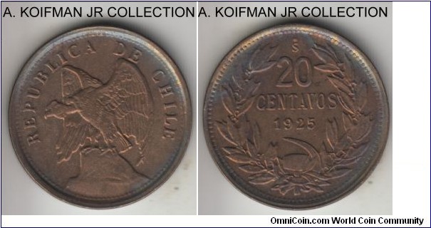 KM-167.1, 1925 Chile 20 centavos; copper-nickel, plain edge; uncirculated for wear but unusual toning or discoloration.