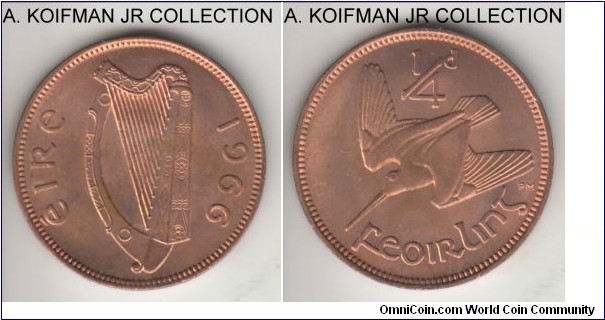 KM-9, 1966 Ireland farthing (1/4 penny); bronze, plain edge; last year of farthing coinage, scarcer mintage of 96,000, mostly red better uncirculated grade.