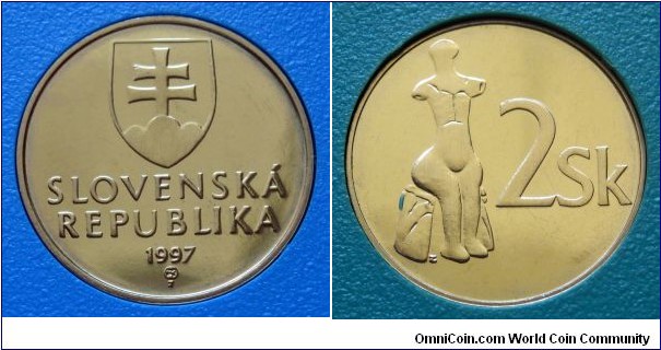 Slovakia 2 koruny from 1997 mintset.
Only issued in sets.
Mintage: 15.000 pieces.