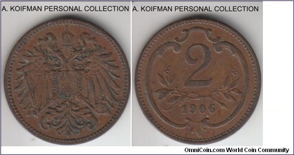 KM-2801, 1906 Austria 2 heller; bronze, plain edge; good very fine or better.