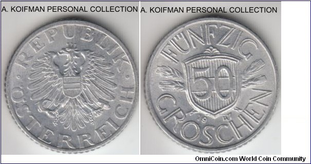 KM-2870, 1947 Austria 50 groschen; aluminum, reeded edge; bright white uncirculated.