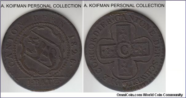 KM-194.1, 1826 Switzerland canton Bern batz; billon, plain edge; dark brown, overstruck but cannot determine the host coin, most likely ex-jewelry, robably a very fine for the time and type.