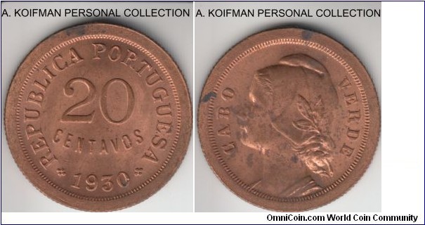 KM-3, 1930 Cabo (Cape) Verde 20 centavos; bronze, reeded edge; red brown, a few darker spots.