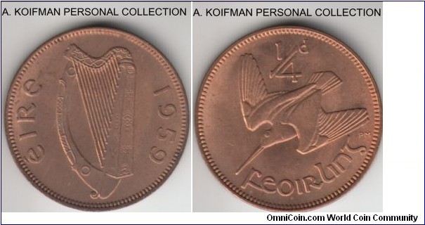 KM-9, 1959 Ireland farthing; bronze, plain edge; red uncirculated.