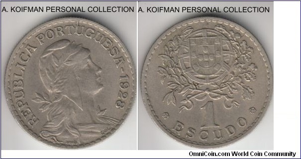 KM-578, 1928 Portugal escudo; copper-nickel, reeded edge; good very fine to about extra fine.