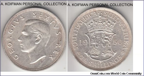 KM-39.1, 1950 South Africa (Dominion) 2 1/2 shillings; silver, reeded edge; about uncirculated, rare with mintage 5,076 in business strike.