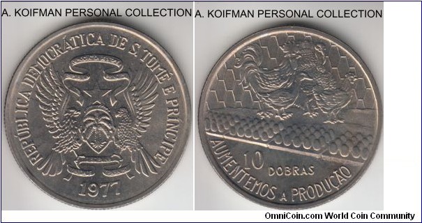 KM-29, 1977 Saint Thomas and Prince 20 dobras; copper-nickel, reeded edge; uncirculated, FAO issue.