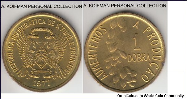 KM-26, 1977 Saint Thomas and Prince dobra; brass, reeded edge; as minted but a spot or two, FAO issue.