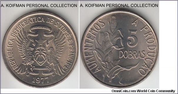 KM-28, 1977 Saint Thomas and Prince 5 dobras; copper-nickel, reeded edge; as minted, FAO issue.