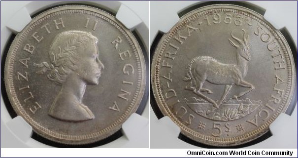 KM-52, 1953 South Africa (Dominion) 5 shillings; silver, reeded edge; proof like, mintage 8,000, NGC graded PL 66.