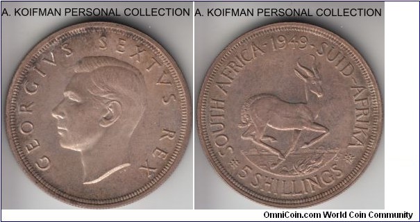 KM-40.1, 1949 South Africa (Dominion) 5 shillings; silver, reeded edge; grey toned proof like (mint 2,000) or proof (mint 800) specimen, very nice grade.