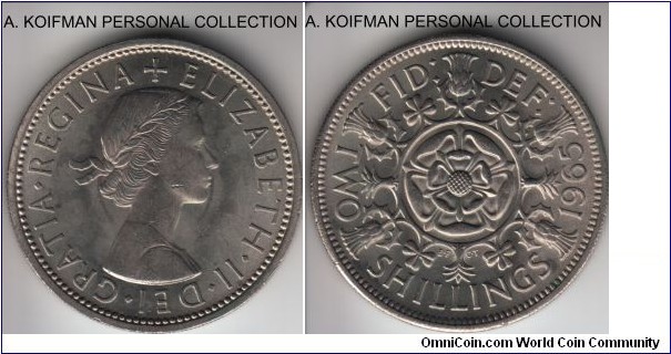 KM-906, 1965 Great Britain florin (2 shillings); copper-nickel, reeded edge; average uncirculated to choice, full luster.