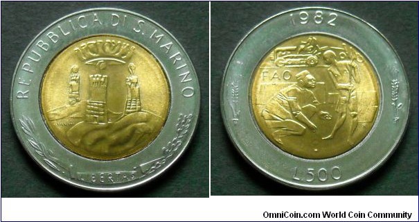 San Marino 500 lire.
1982, F.A.O. Bimetal.