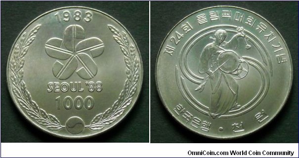 Republic of Korea (South Korea) 1000 won.
1983, XXIV Olympiad Seoul 1988 - Korean Drummer.